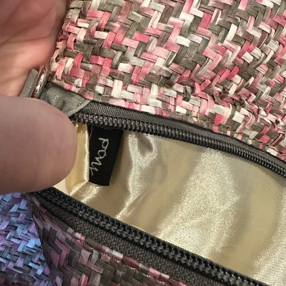 Pink and Grey Straw Clutch Purse with Crossbody Chain